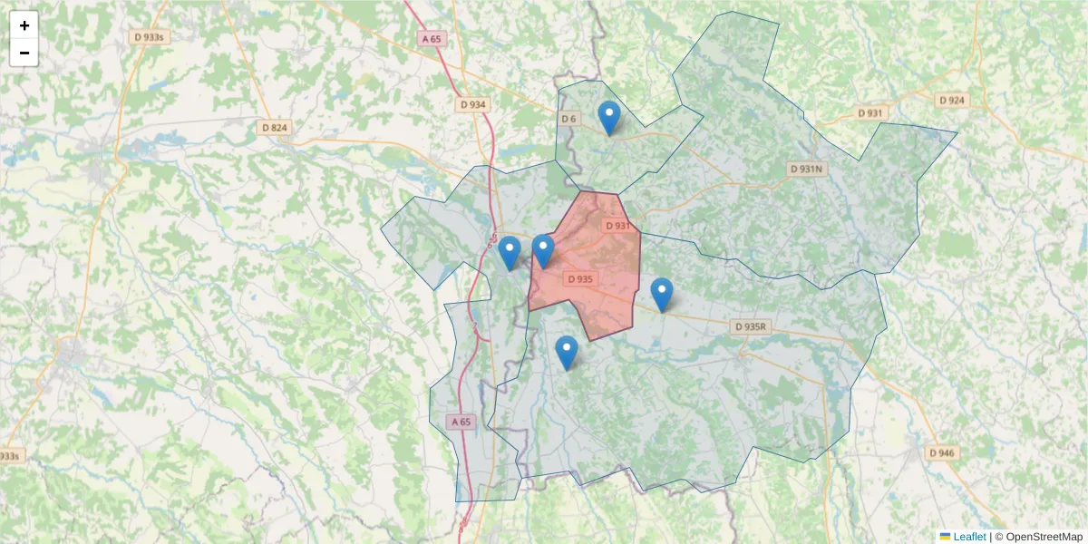 Carte de la zone du code postal  et des codes postaux voisins en France