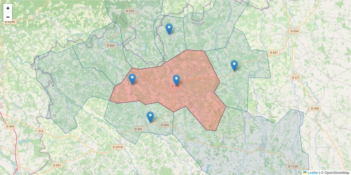 Carte de la zone du code postal  et des codes postaux voisins en France