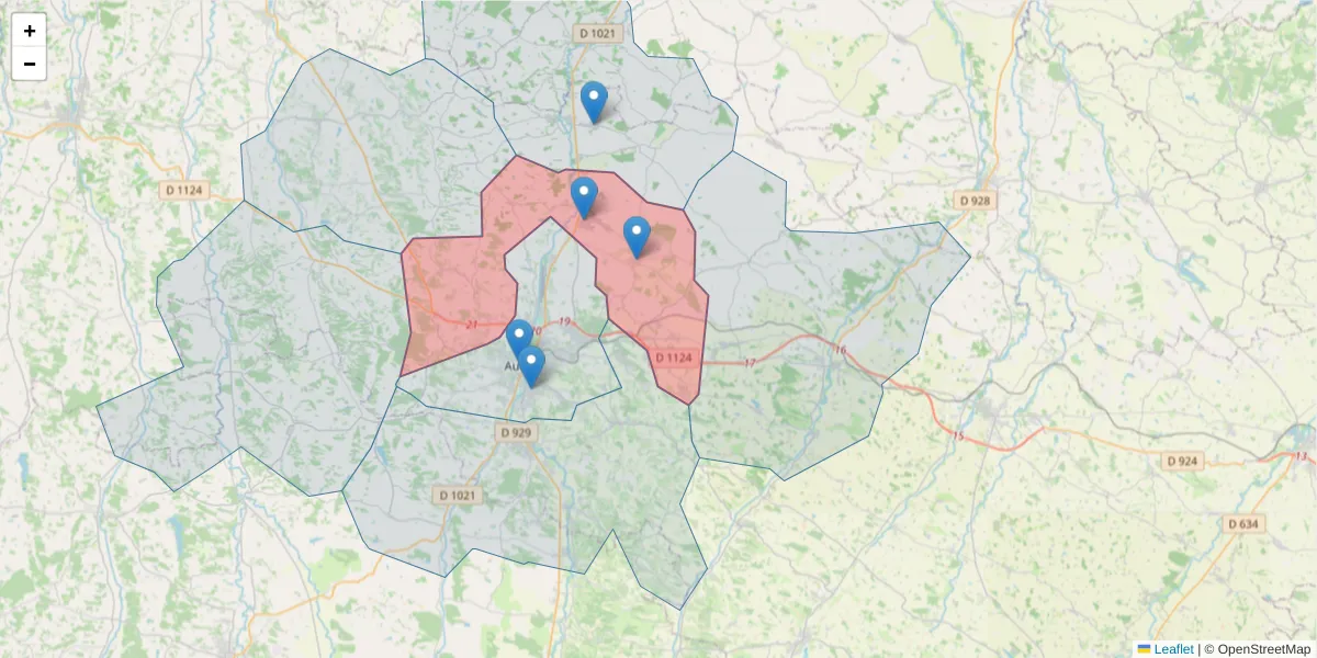 Carte de la zone du code postal  et des codes postaux voisins en France