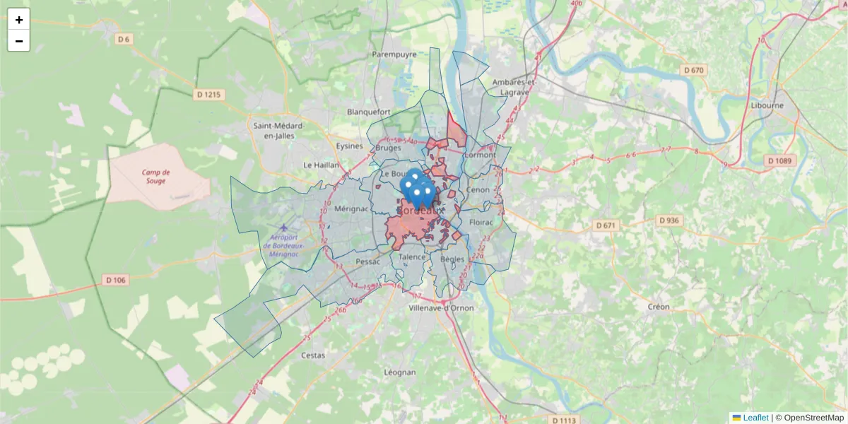 Carte de la zone du code postal  et des codes postaux voisins en France