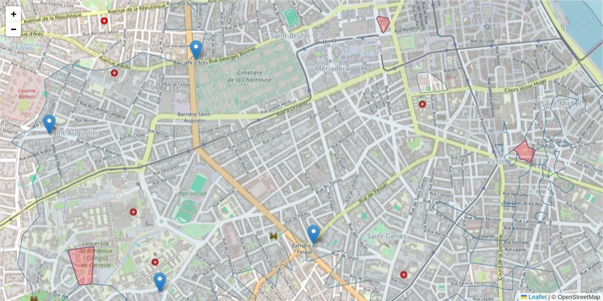 Carte de la zone du code postal  et des codes postaux voisins en France