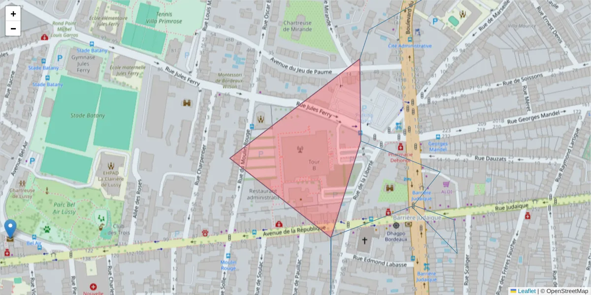 Carte de la zone du code postal  et des codes postaux voisins en France