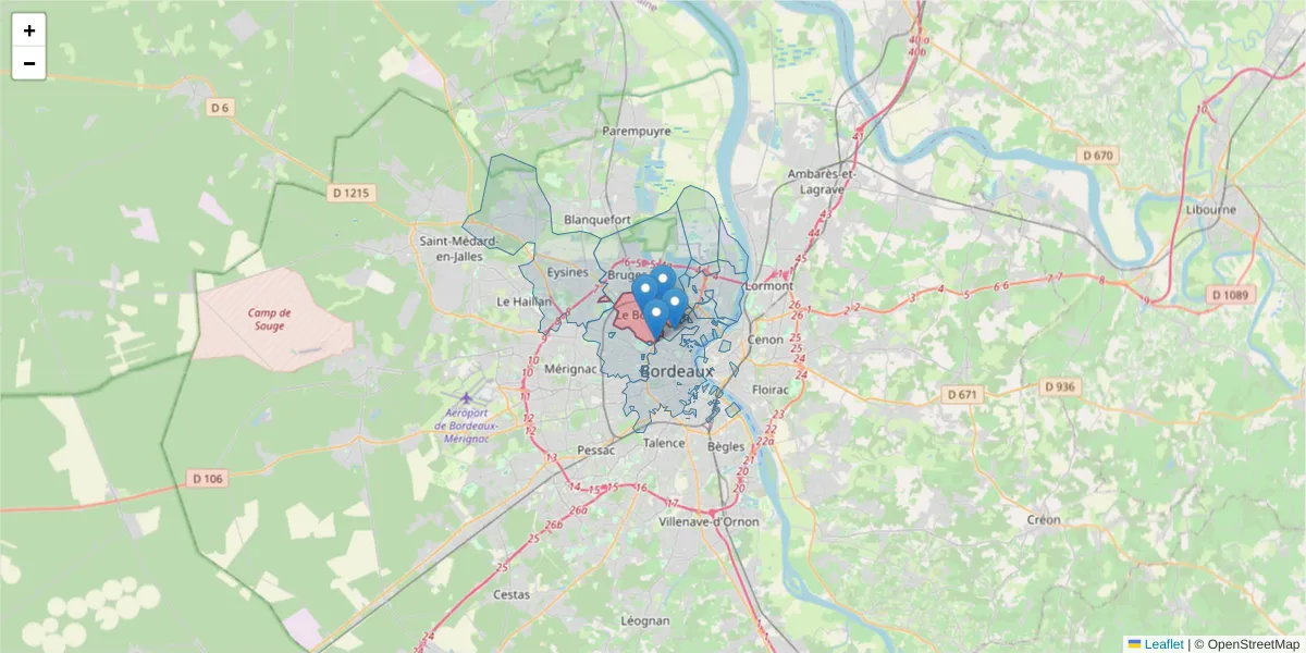 Carte de la zone du code postal  et des codes postaux voisins en France