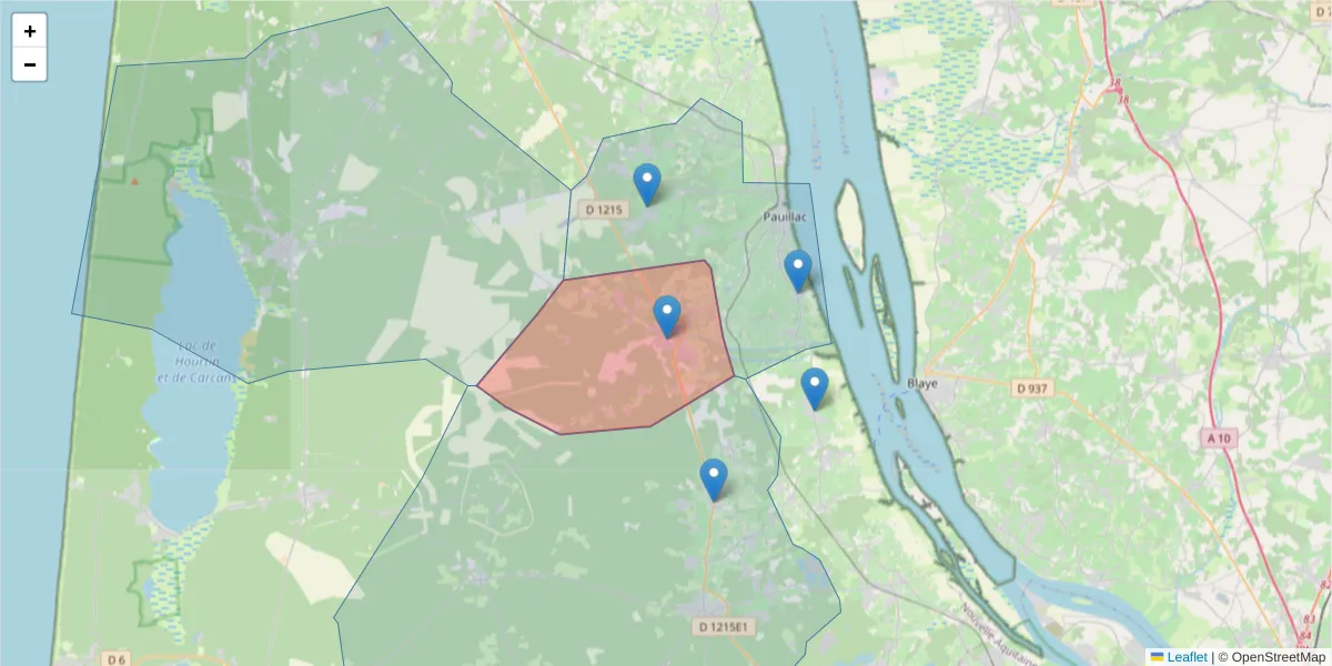 Carte de la zone du code postal  et des codes postaux voisins en France