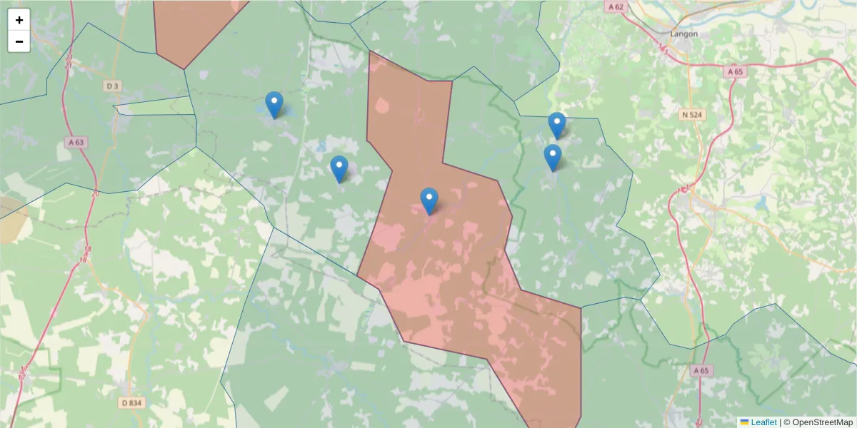 Carte de la zone du code postal  et des codes postaux voisins en France