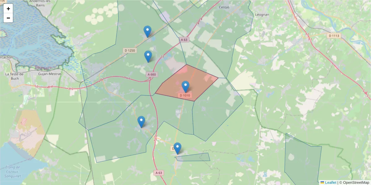 Carte de la zone du code postal  et des codes postaux voisins en France