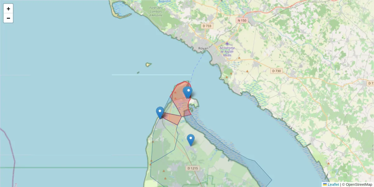 Carte de la zone du code postal  et des codes postaux voisins en France