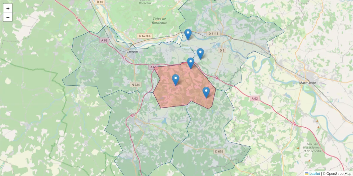 Carte de la zone du code postal  et des codes postaux voisins en France