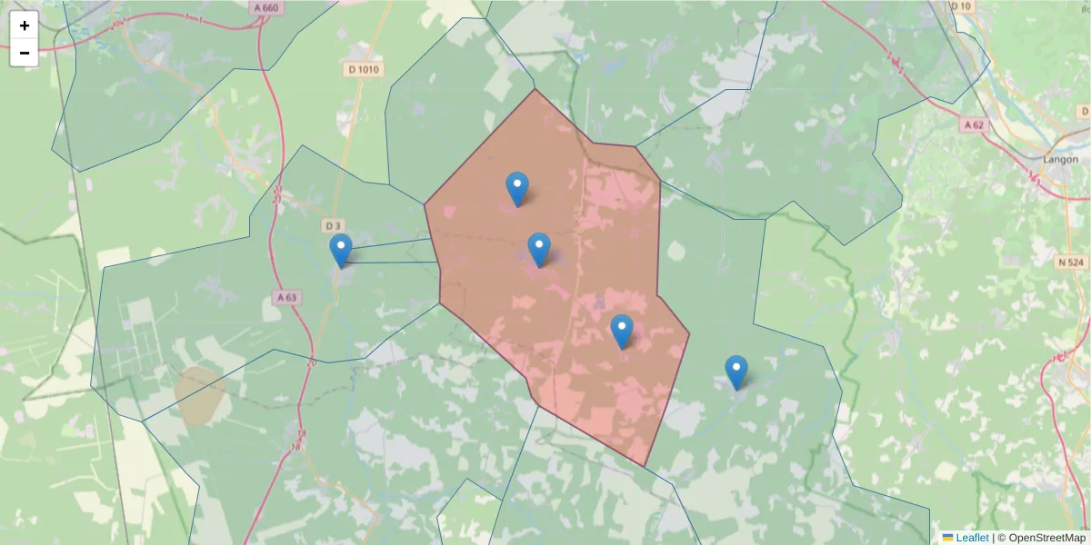 Carte de la zone du code postal  et des codes postaux voisins en France