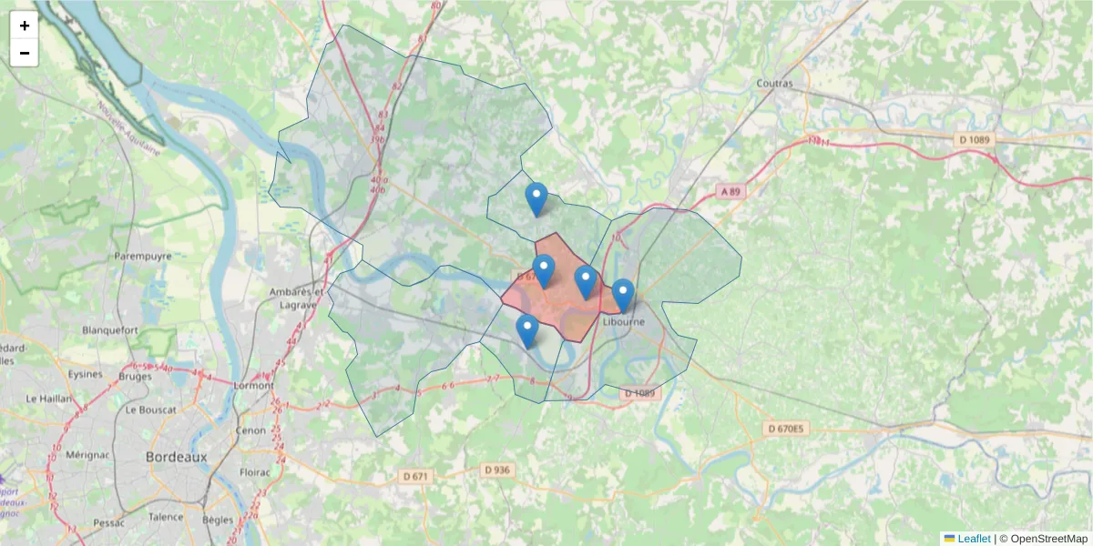 Carte de la zone du code postal  et des codes postaux voisins en France