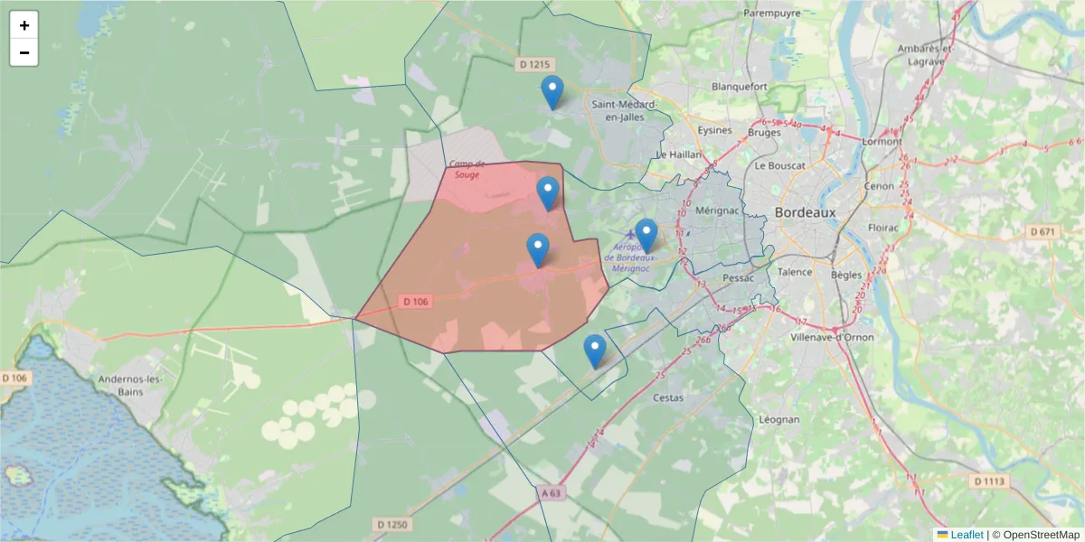 Carte de la zone du code postal  et des codes postaux voisins en France