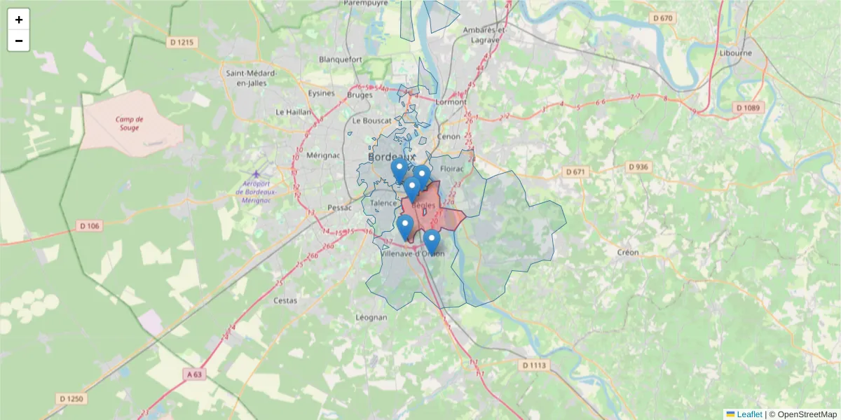 Carte de la zone du code postal  et des codes postaux voisins en France