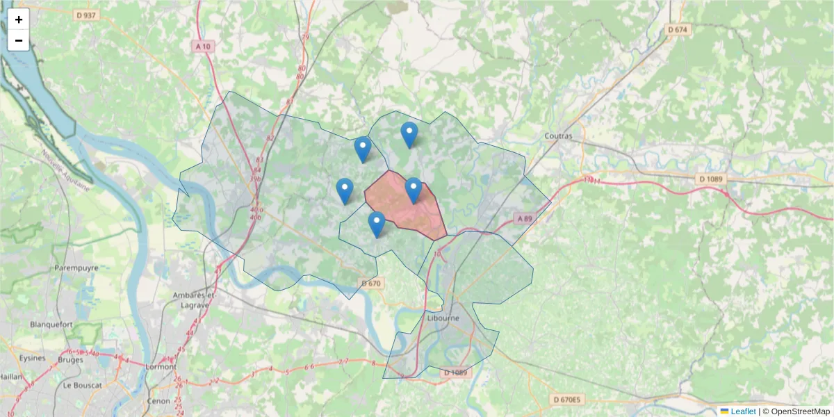 Carte de la zone du code postal  et des codes postaux voisins en France