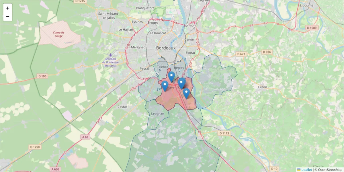 Carte de la zone du code postal  et des codes postaux voisins en France