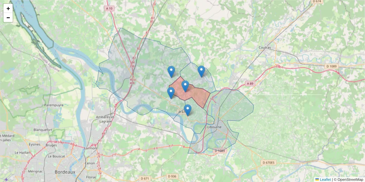 Carte de la zone du code postal  et des codes postaux voisins en France
