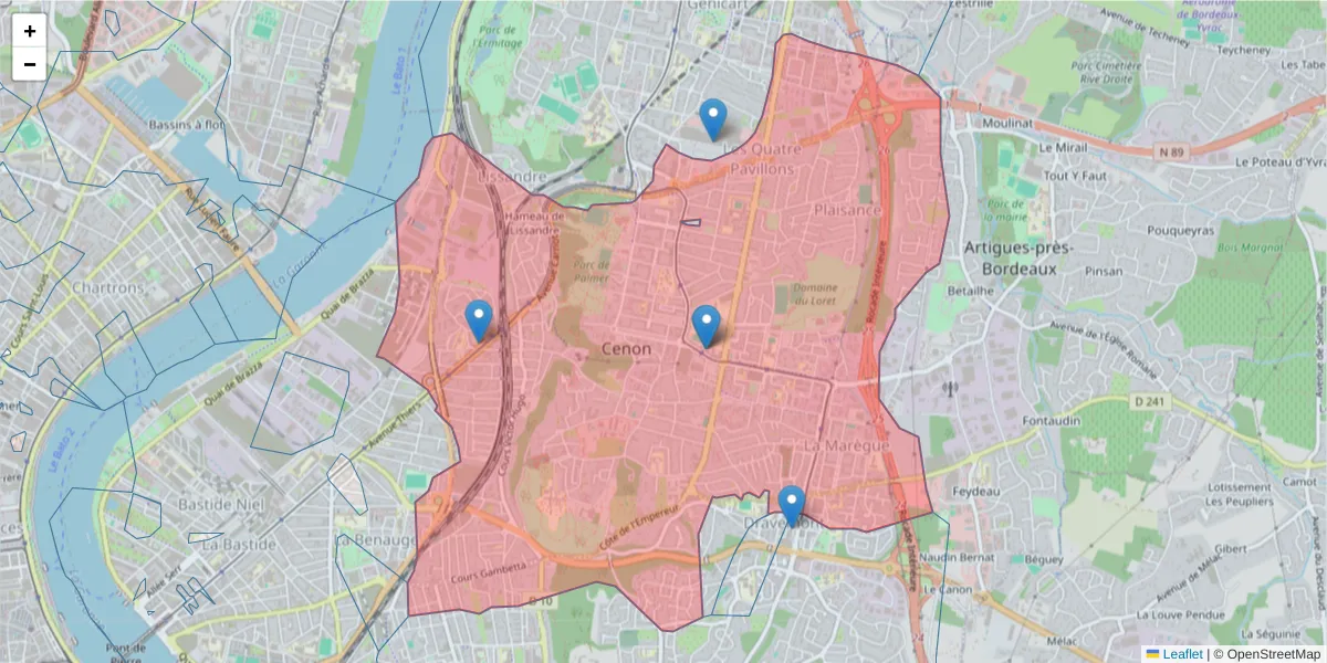 Carte de la zone du code postal  et des codes postaux voisins en France