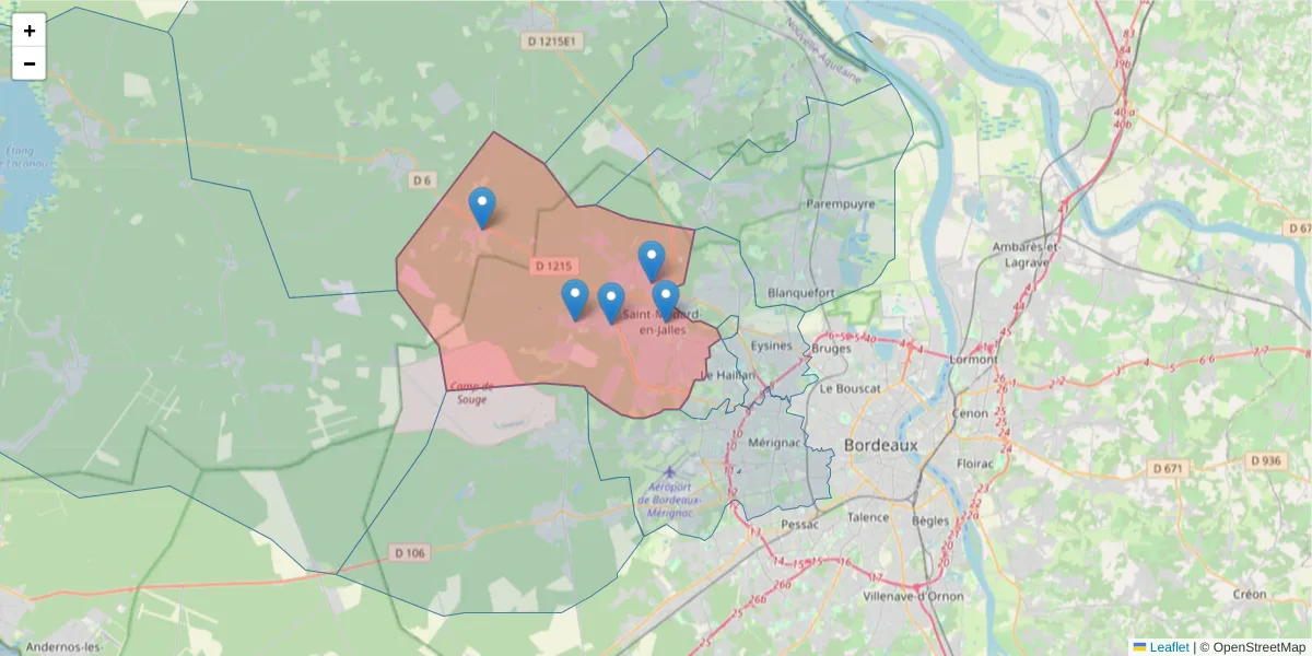 Carte de la zone du code postal  et des codes postaux voisins en France