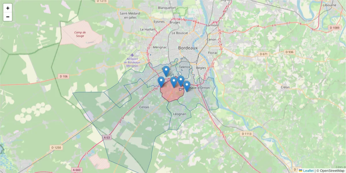 Carte de la zone du code postal  et des codes postaux voisins en France