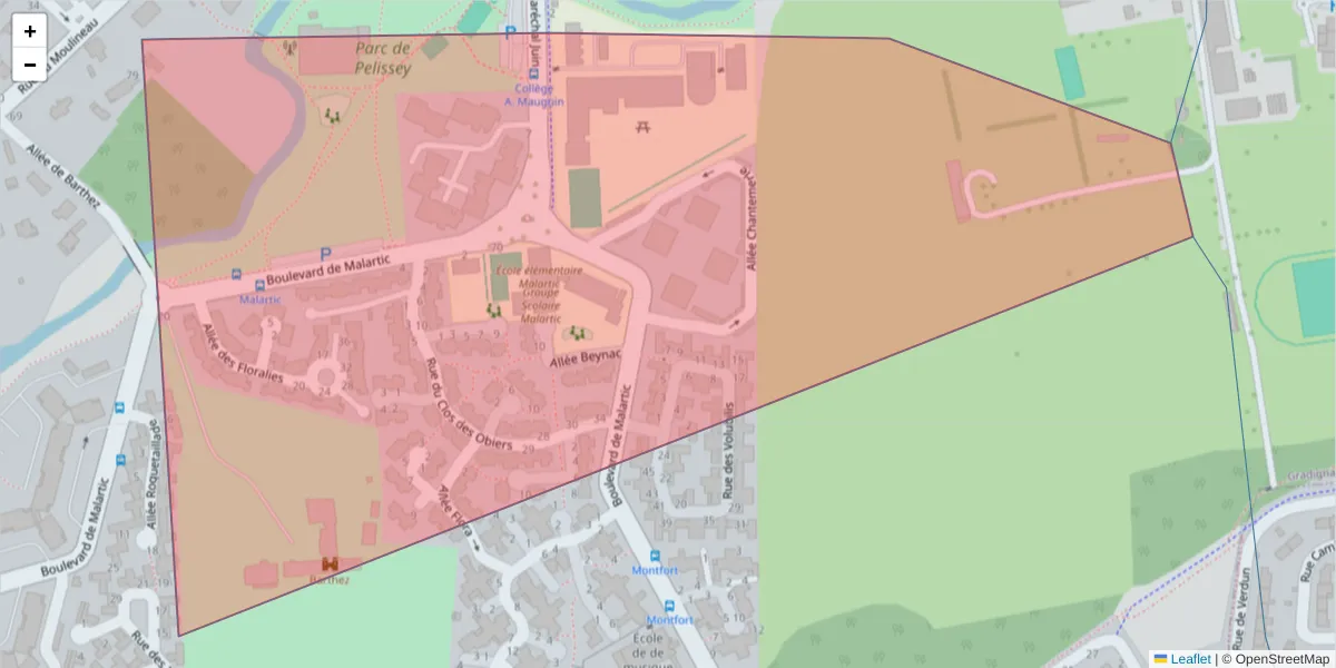 Carte de la zone du code postal  et des codes postaux voisins en France