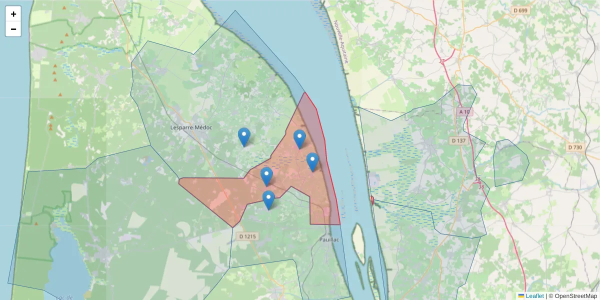 Carte de la zone du code postal  et des codes postaux voisins en France