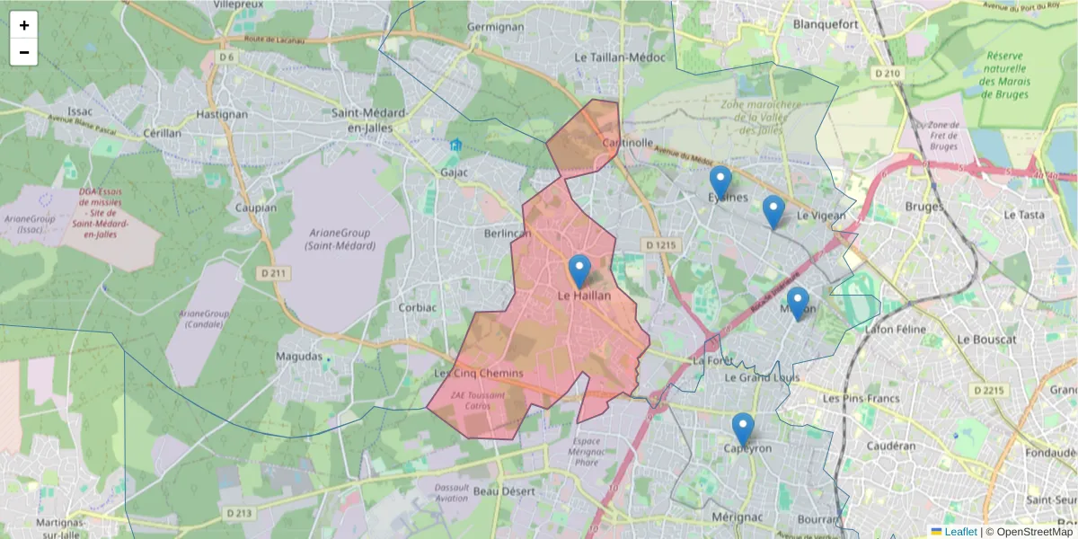 Carte de la zone du code postal  et des codes postaux voisins en France