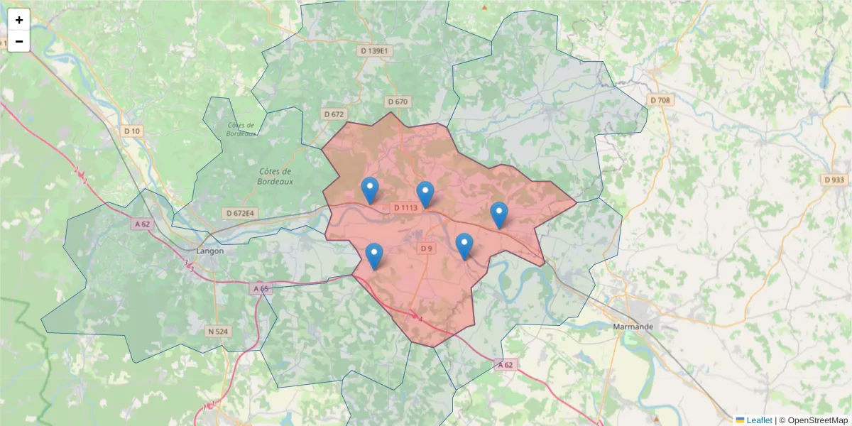 Carte de la zone du code postal  et des codes postaux voisins en France