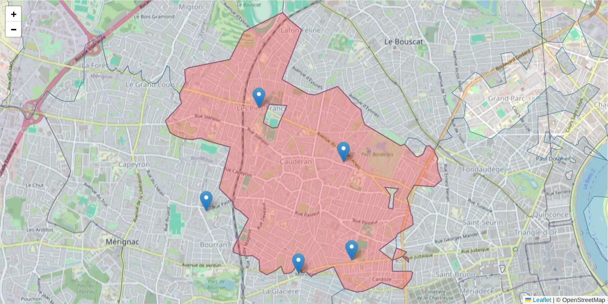 Carte de la zone du code postal  et des codes postaux voisins en France