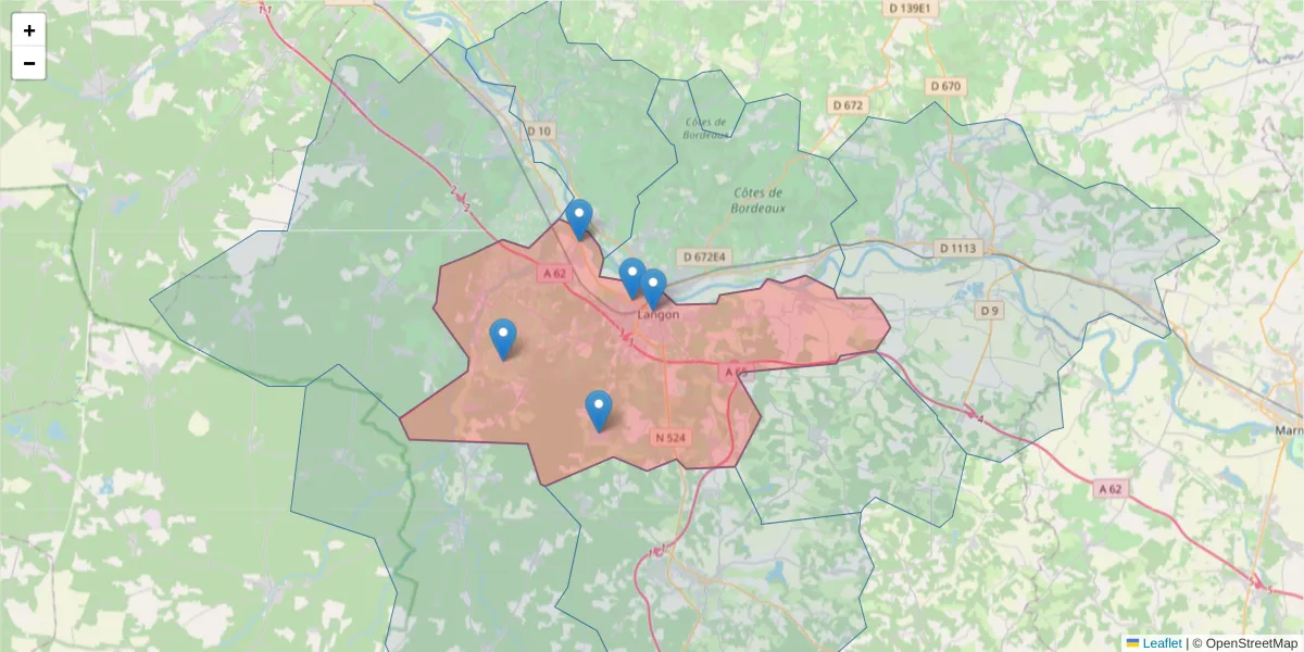 Carte de la zone du code postal  et des codes postaux voisins en France
