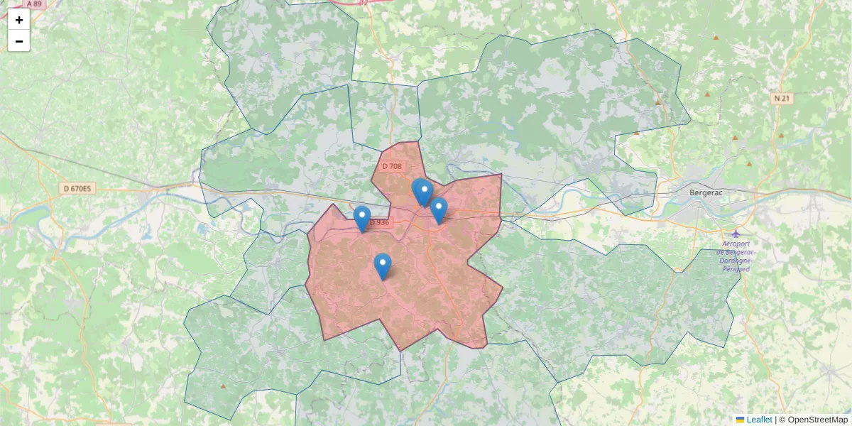 Carte de la zone du code postal  et des codes postaux voisins en France