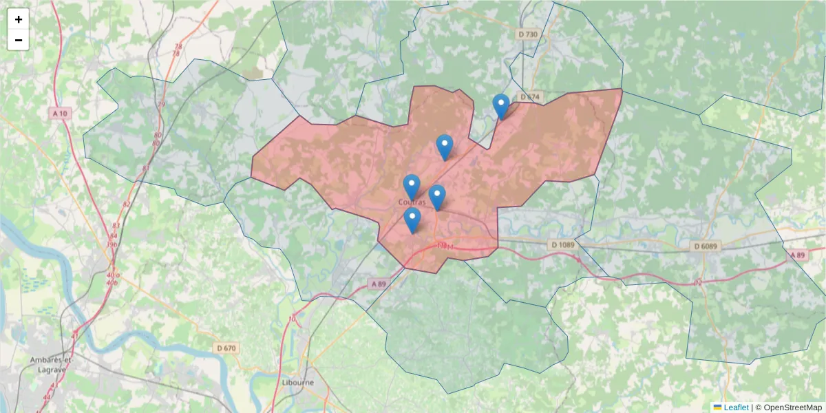 Carte de la zone du code postal  et des codes postaux voisins en France