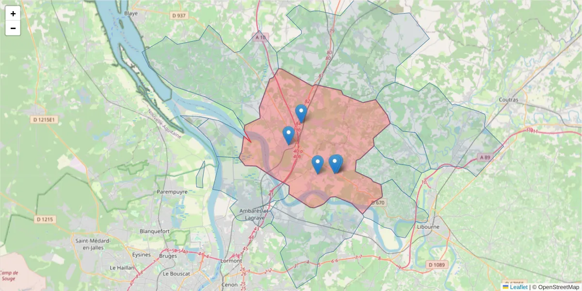 Carte de la zone du code postal  et des codes postaux voisins en France