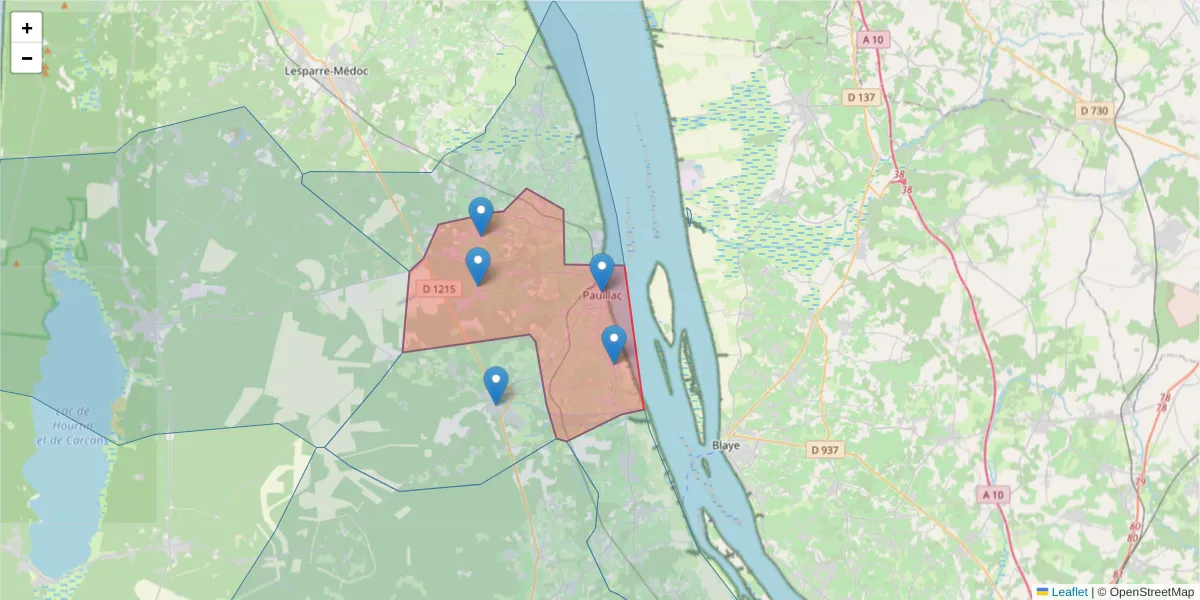 Carte de la zone du code postal  et des codes postaux voisins en France