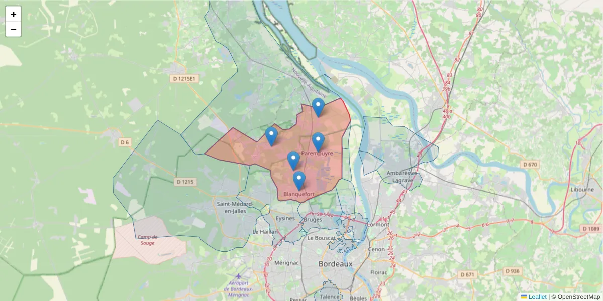 Carte de la zone du code postal  et des codes postaux voisins en France