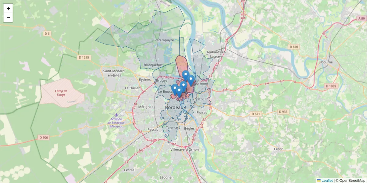 Carte de la zone du code postal  et des codes postaux voisins en France