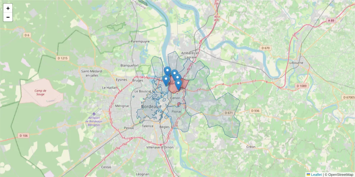 Carte de la zone du code postal  et des codes postaux voisins en France