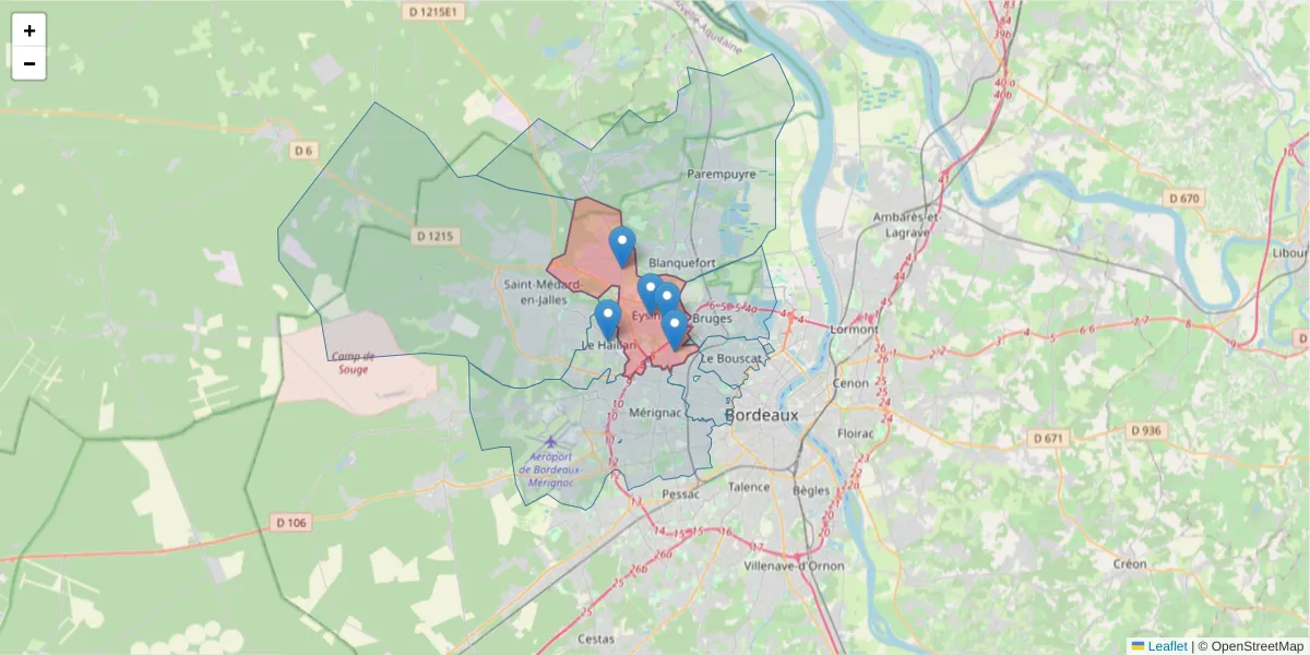 Carte de la zone du code postal  et des codes postaux voisins en France