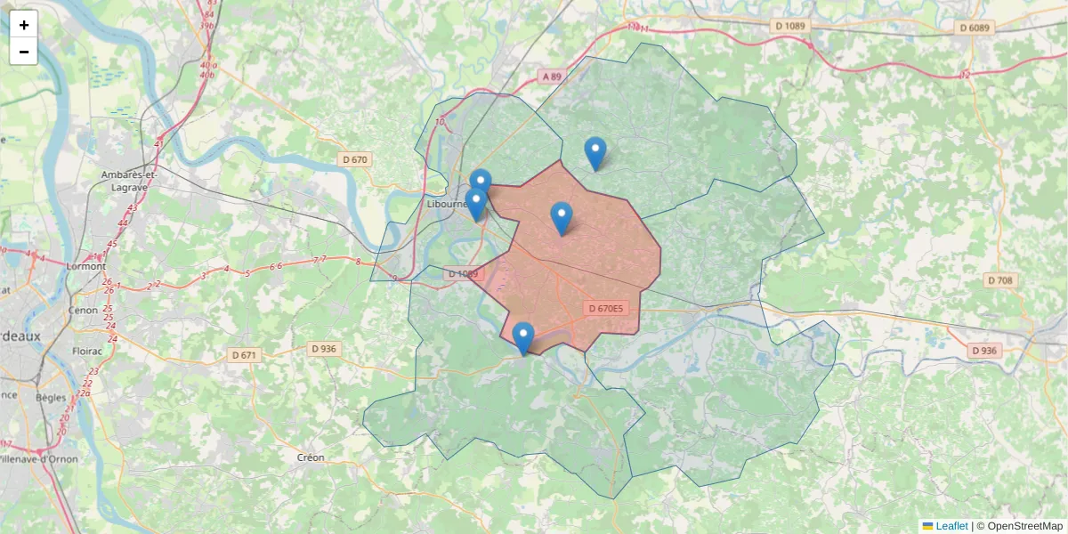 Carte de la zone du code postal  et des codes postaux voisins en France