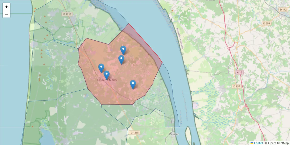 Carte de la zone du code postal  et des codes postaux voisins en France