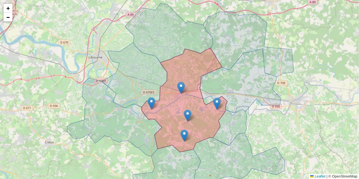 Carte de la zone du code postal  et des codes postaux voisins en France