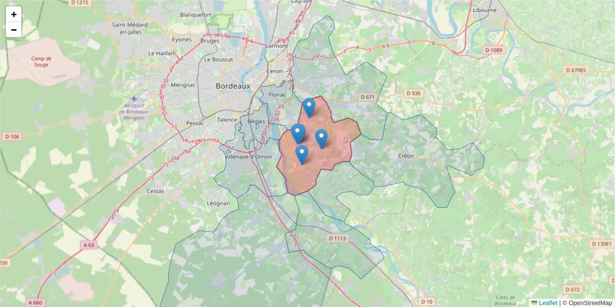 Carte de la zone du code postal  et des codes postaux voisins en France