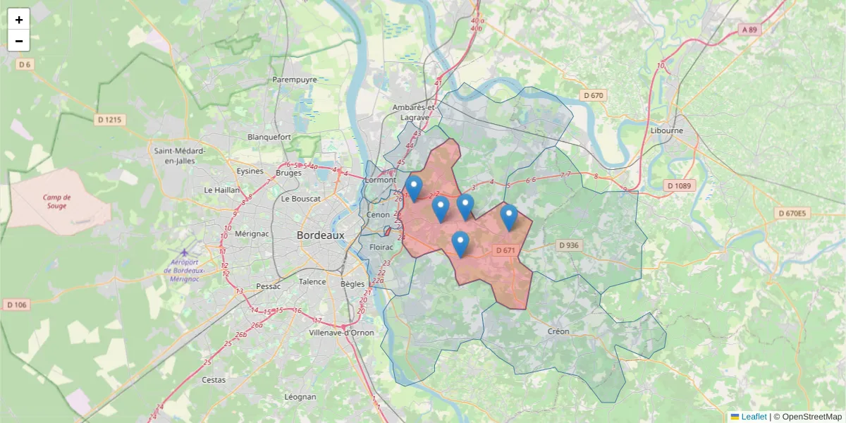 Carte de la zone du code postal  et des codes postaux voisins en France
