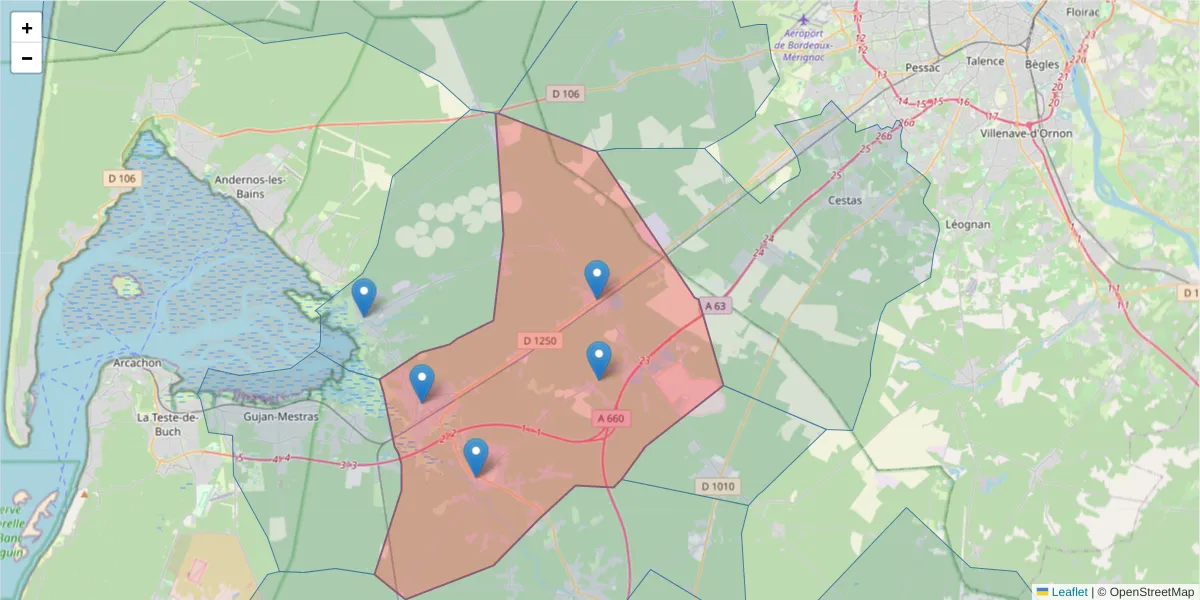 Carte de la zone du code postal  et des codes postaux voisins en France