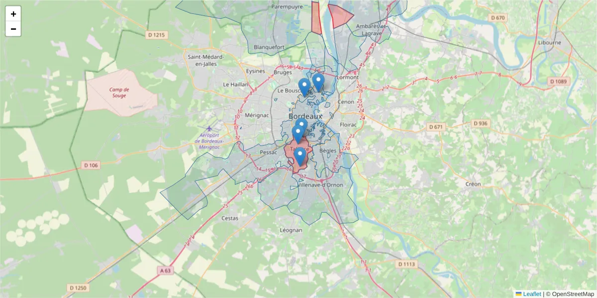 Carte de la zone du code postal  et des codes postaux voisins en France