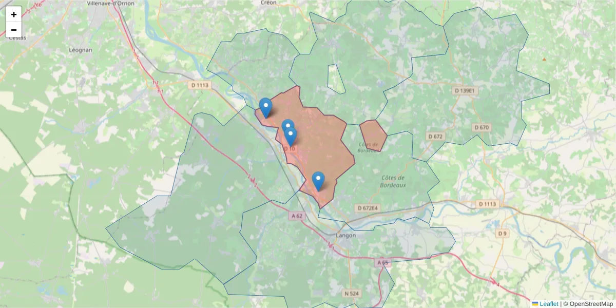 Carte de la zone du code postal  et des codes postaux voisins en France