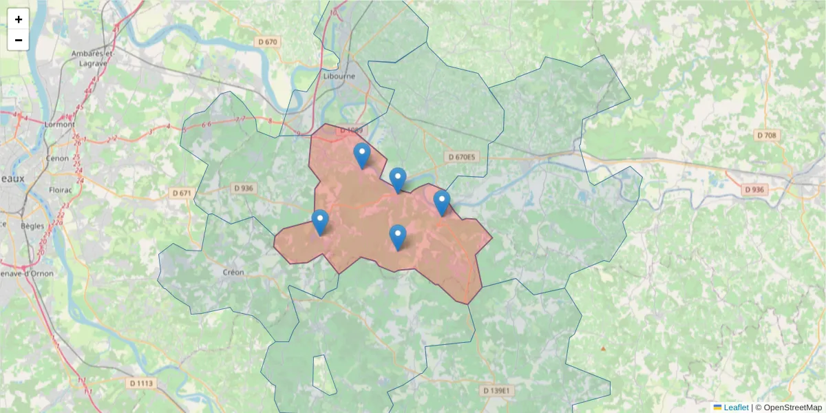 Carte de la zone du code postal  et des codes postaux voisins en France