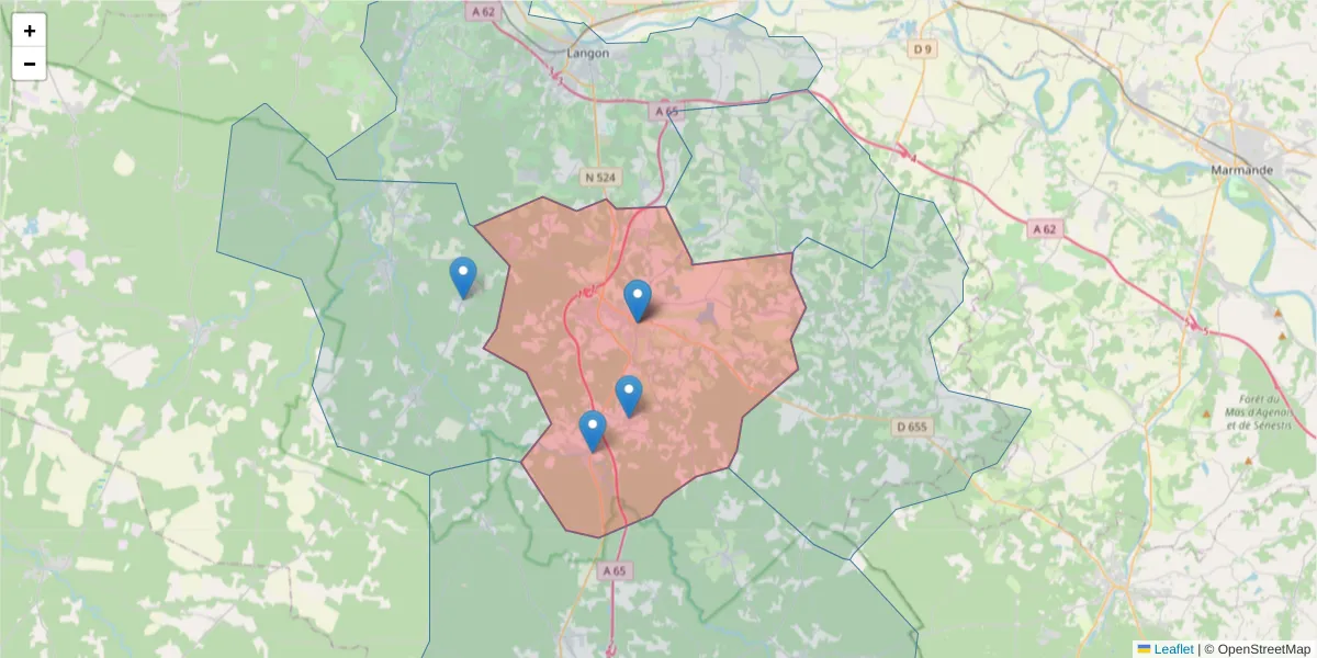 Carte de la zone du code postal  et des codes postaux voisins en France