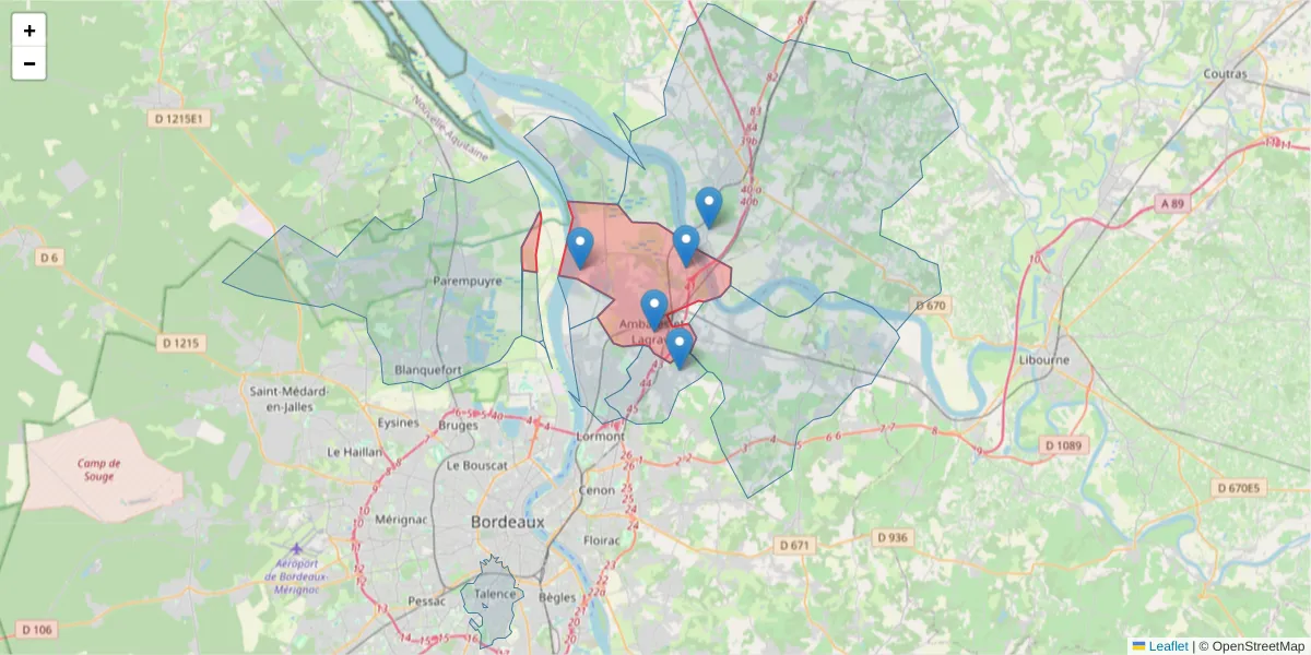Carte de la zone du code postal  et des codes postaux voisins en France