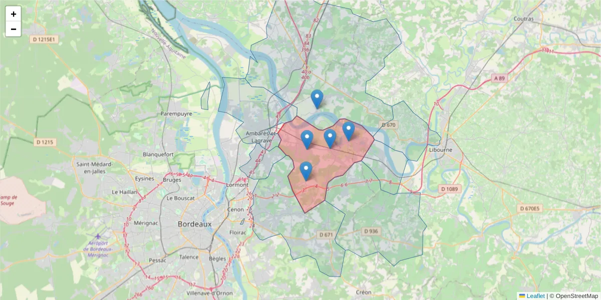 Carte de la zone du code postal  et des codes postaux voisins en France