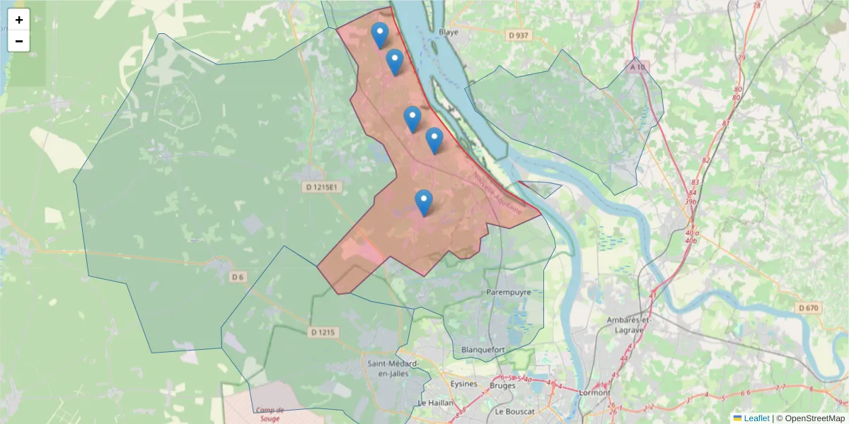 Carte de la zone du code postal  et des codes postaux voisins en France