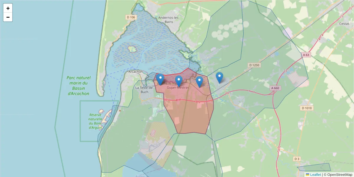 Carte de la zone du code postal  et des codes postaux voisins en France
